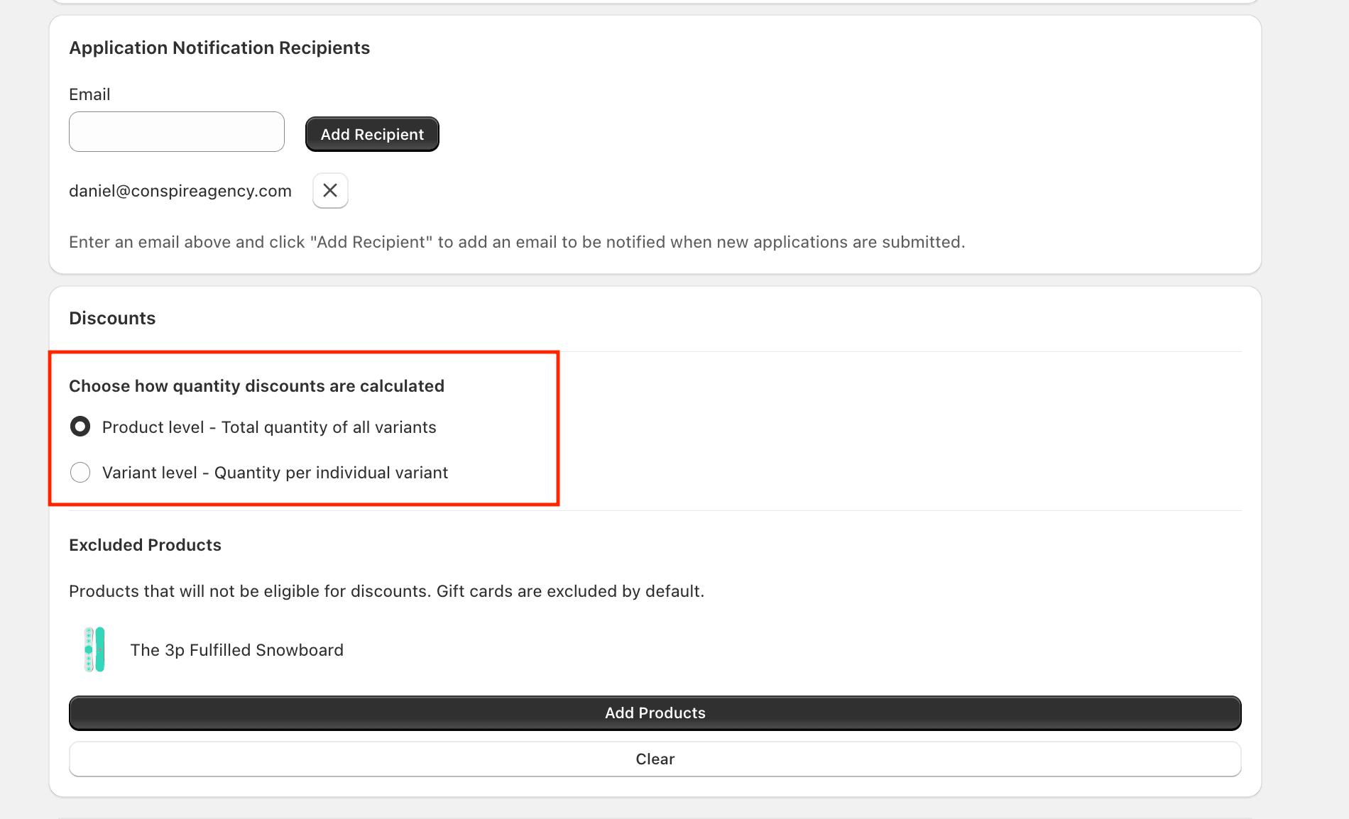 The quantity discount setting in the app Settings page