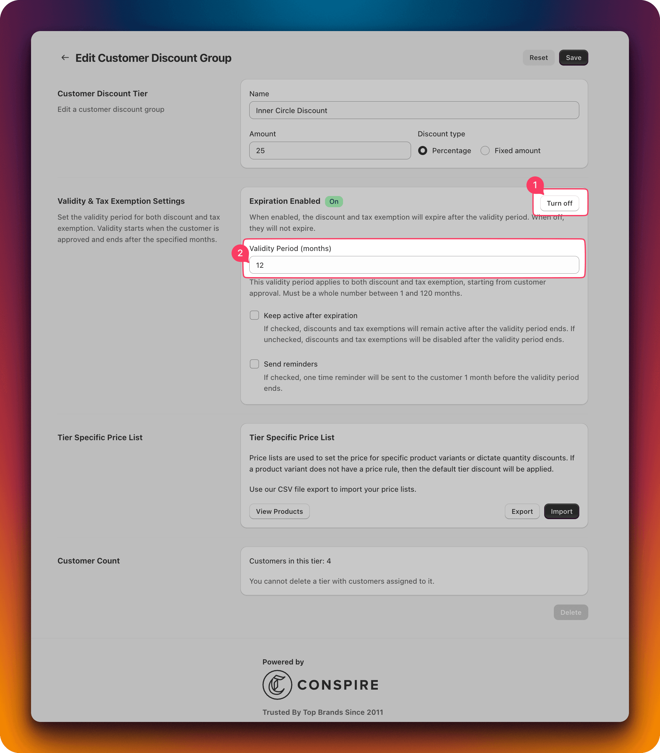 Enabling the expiration toggle and setting a validity period