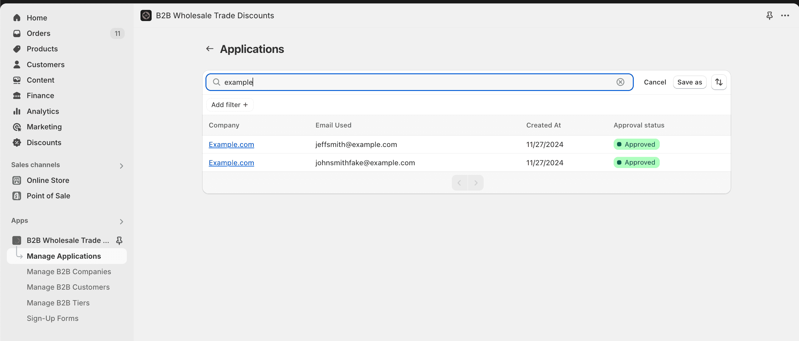 The applications table with filters for pending, approved and denied