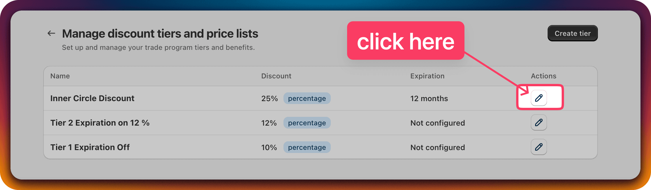 The Customer Discount Group list with edit icons