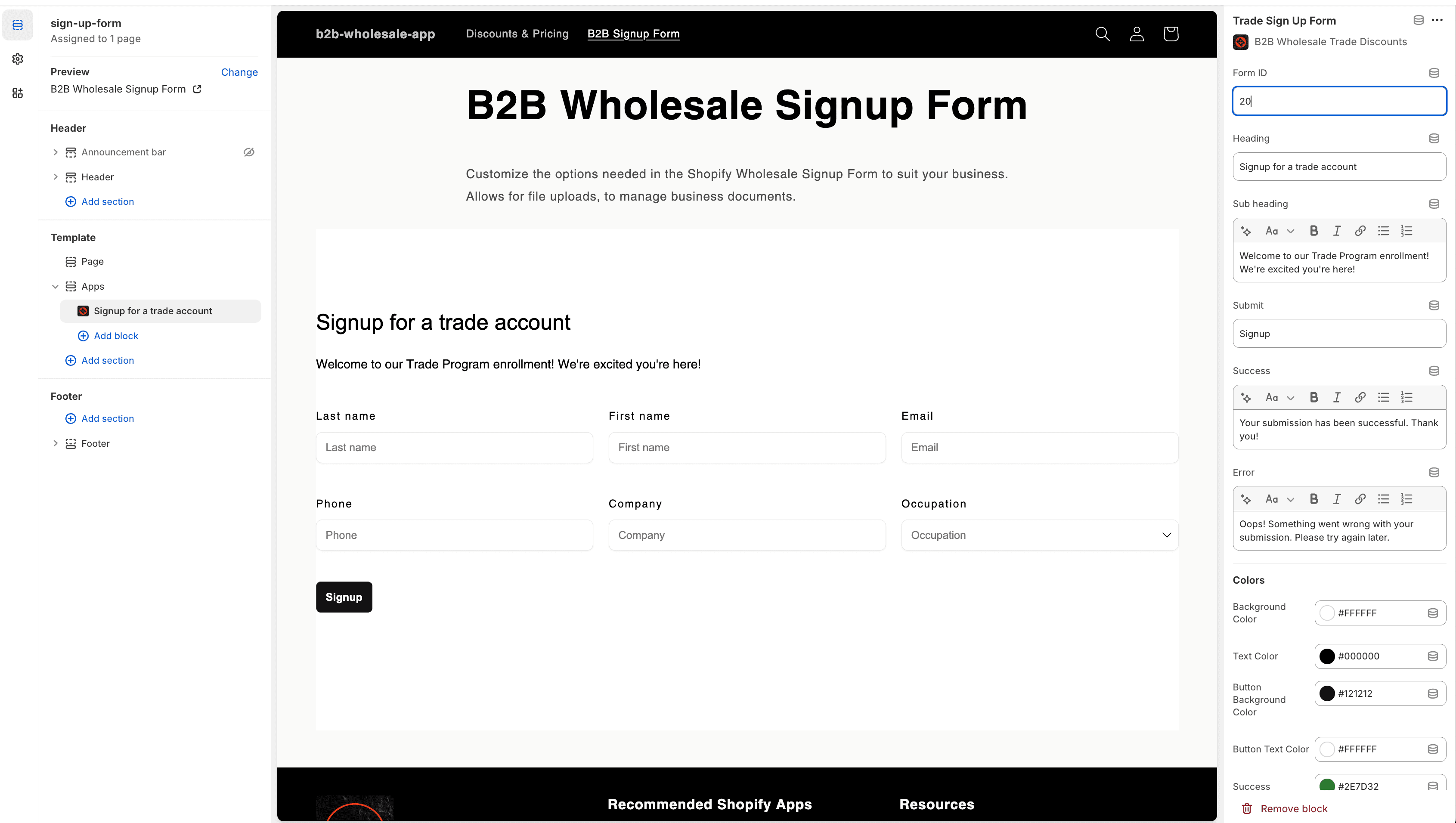 The sign-up form rendered on the page with app block settings