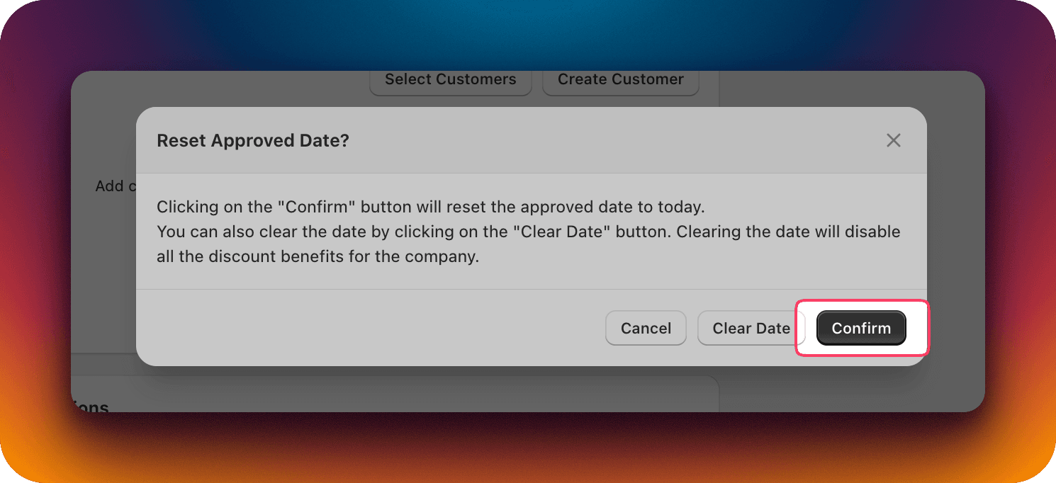 The confirmation dialog for setting the approved date