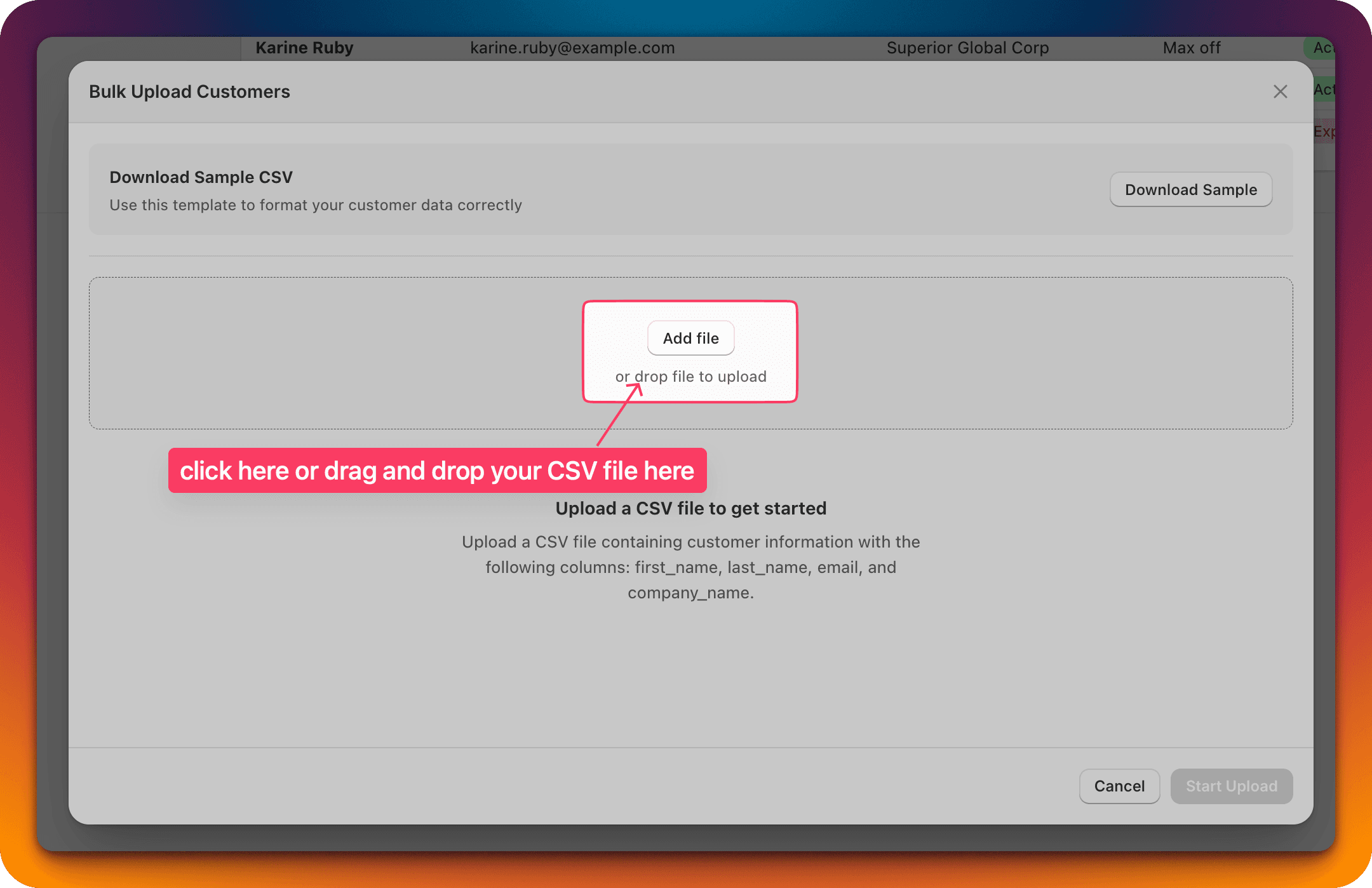 Uploading the CSV file with the Add file button