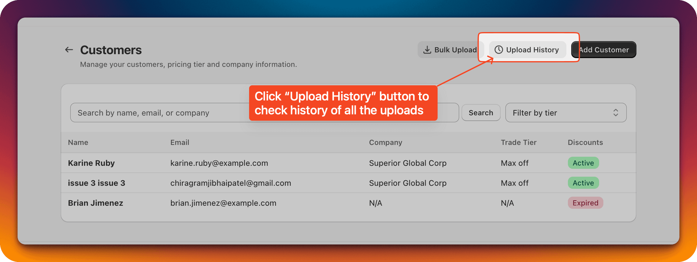 The upload status view