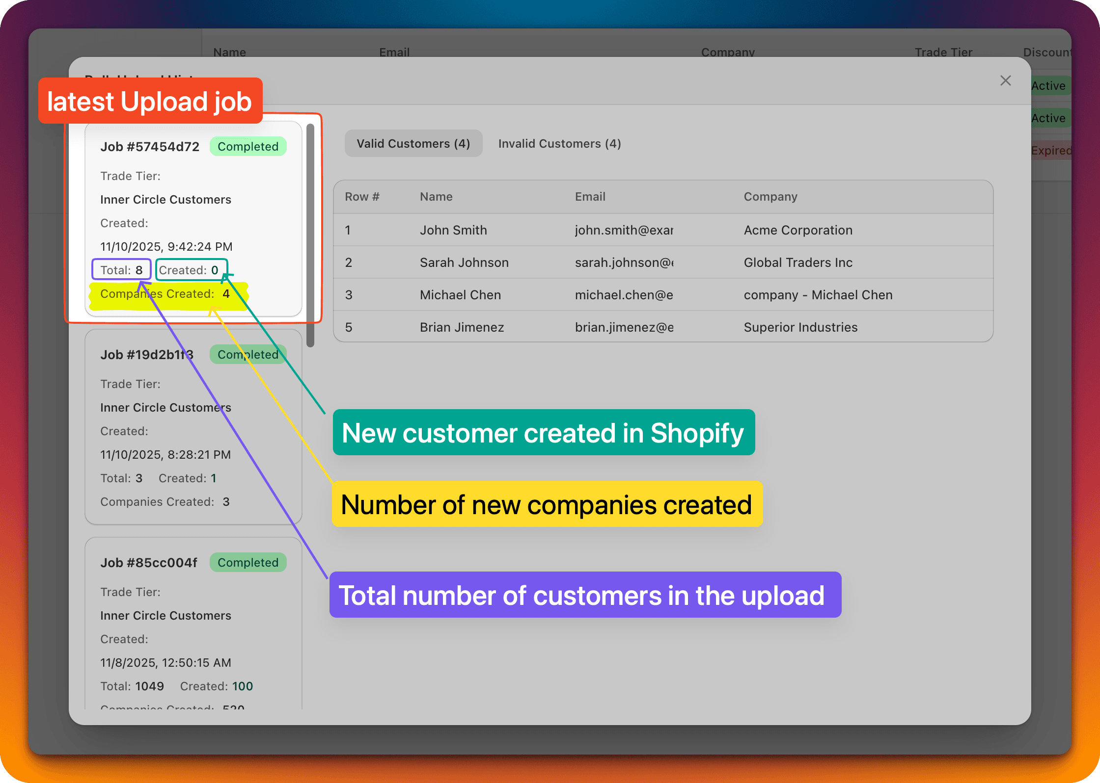 The upload History page with job details