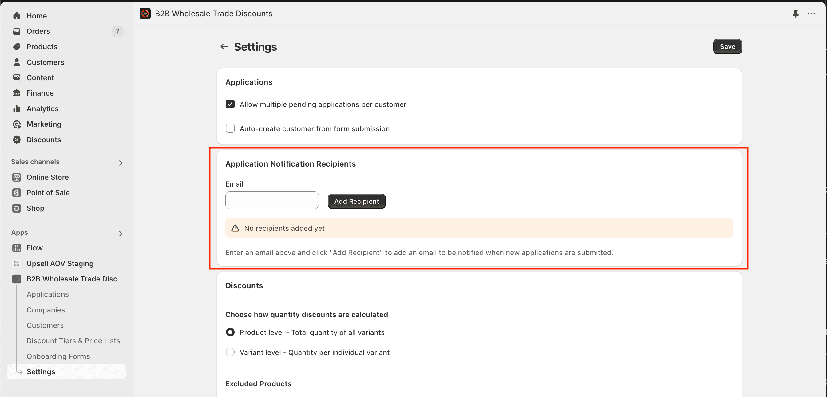 The Application notifications settings with team member emails