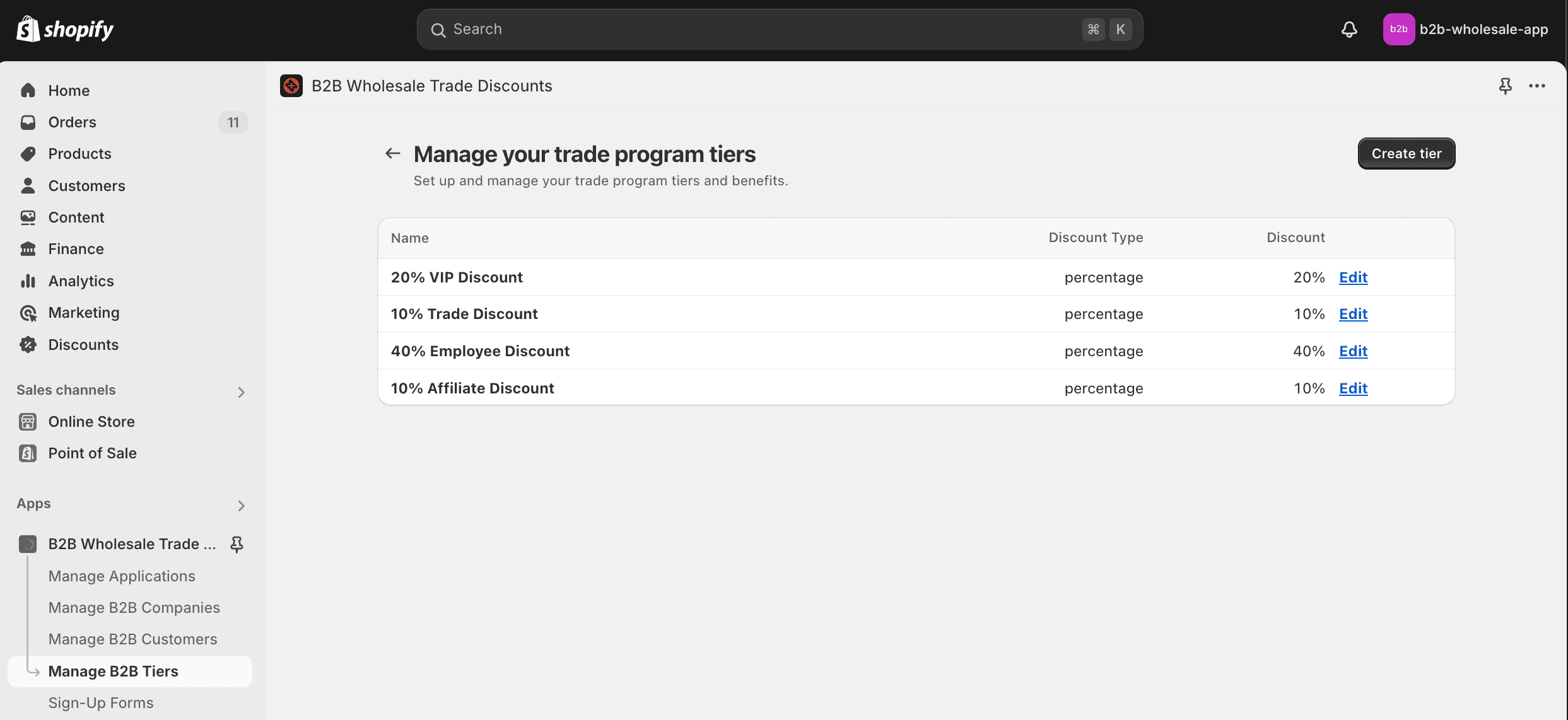 The tiers list in the app admin