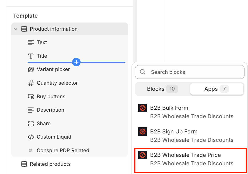 Adding the Trade Price app block in Customize Theme