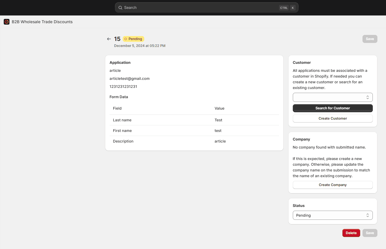 Application detail showing submitted information