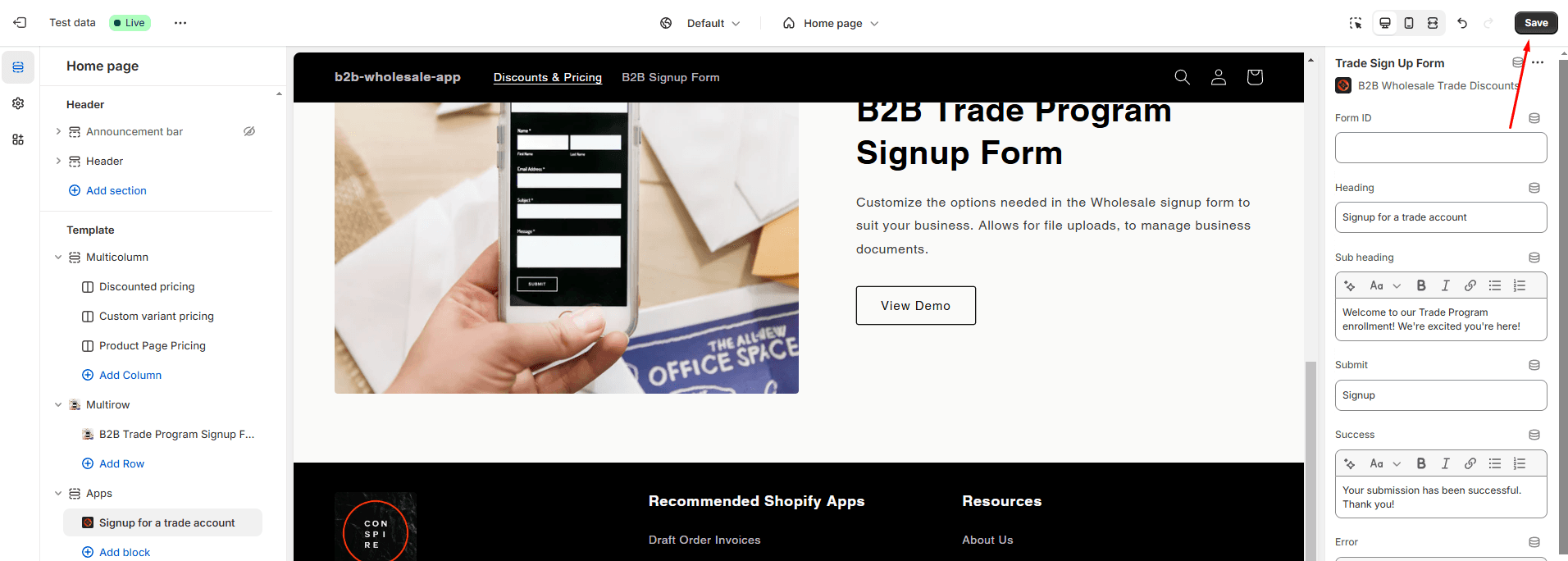 The sign-up form rendered on the storefront page