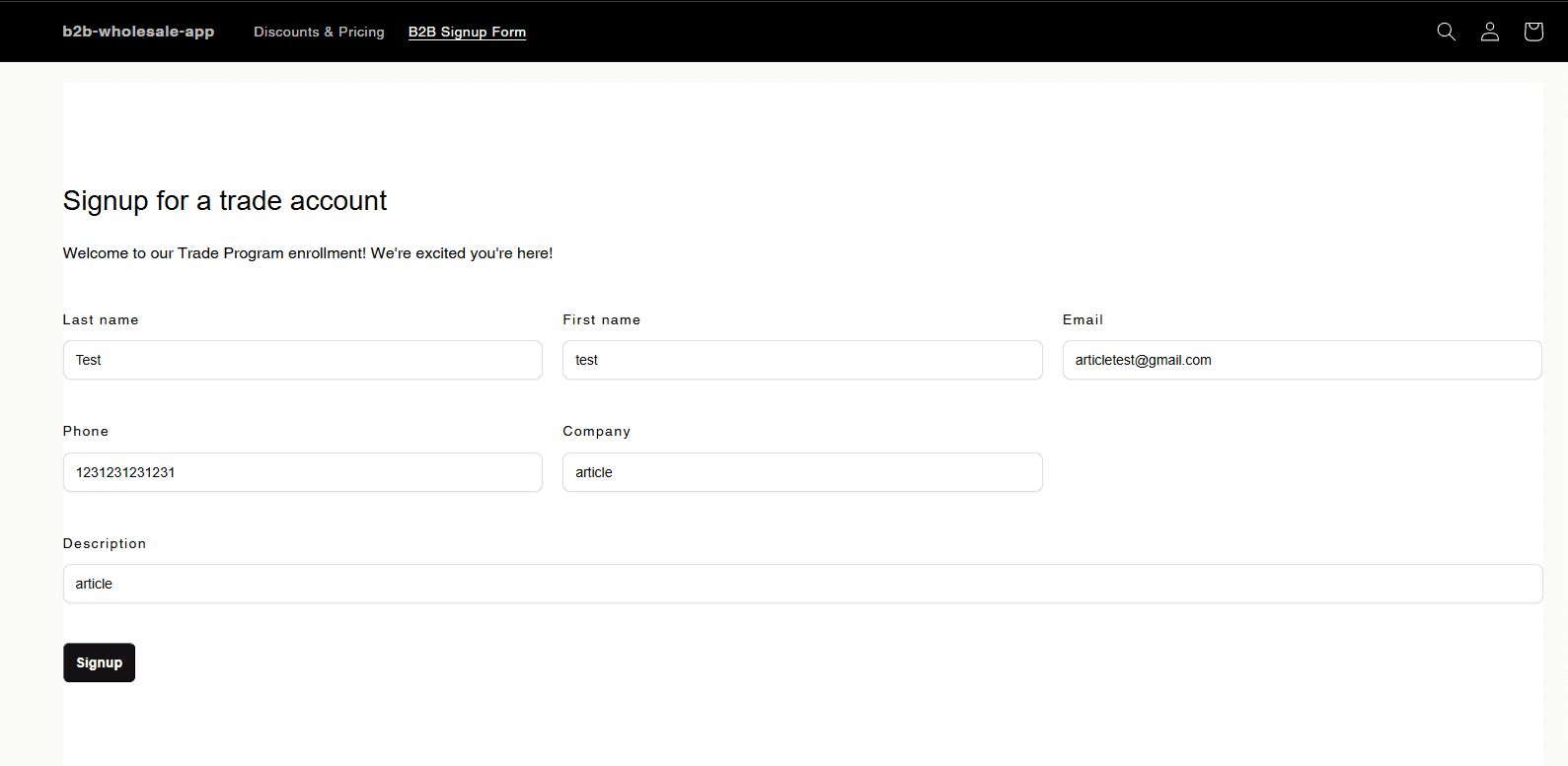 Filling out a test submission on the storefront
